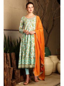 W - Blue Floral Printed Embellished Chanderi Kurta with Tights and Dupatta (Set of 3)