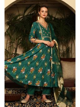 W - Green Floral Printed Embroidered Flared Kurta with Pant and Dupatta (Set of 3)
