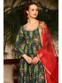 W - Deep Green Floral Printed Anarkali Kurta with Tights and Organza Dupatta (Set of 3)