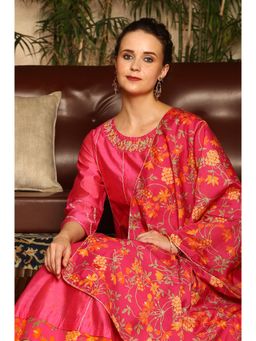 W - Magenta Pink Chanderi Dori Embroidered Anarkali Kurta with Pant and Dupatta (Set of 3)