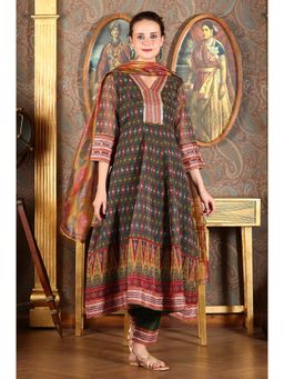 W - Green Ikat Printed Embellished Organza Anarkali Kurta with Pant and Dupatta (Set of 3)