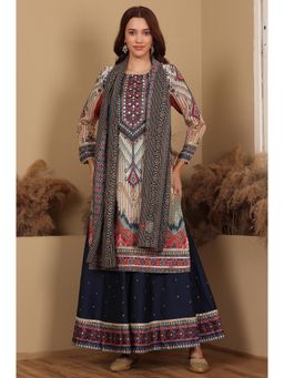 W - Multi-Coloured Printed Sequined Kota Kurta with Flared Culottes and Dupatta (Set of 3)