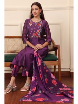 W - Purple Embroidered Yoke Chanderi Kurta with Pant and Dupatta (Set of 3)