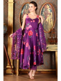 W - Purple Floral Printed Sequined Circular Flared Kurta with Pant and Dupatta (Set of 3)