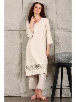 W - Light Beige Thread Embroidered Linen Rayon Crepe Straight Kurta and Pant (Set of 2)