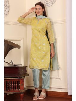 W - Yellow Digital Printed Embellished Kota Kurta with Pant and Dupatta (Set of 3)