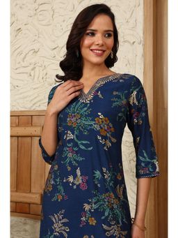 W - Royal Blue Foil Floral Printed Vicuna Crepe Straight Kurta and Pant (Set of 2)