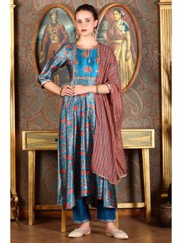 W - Cerulean Blue Floral Printed Japanese Satin Kurta with Pant and Dupatta (Set of 3)