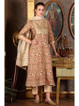 W - Cream Floral Printed Sequined Kota Flared Kurta with Pant and Dupatta (Set of 3)