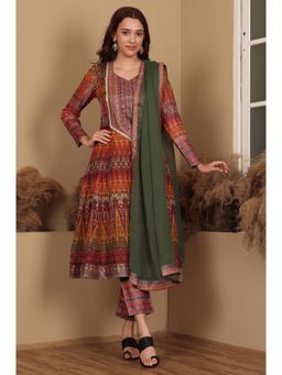 W - Mustard Ikat Printed Embellished Organza Anarkali Kurta with Pant and Dupatta (Set of 3)