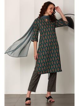 W - Bottle Green Floral Printed Pure Cotton Kurta with Pant and Dupatta (Set of 3)