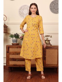 W - Yellow Floral Printed Pure Cotton Kurta with Pant (Set of 2)