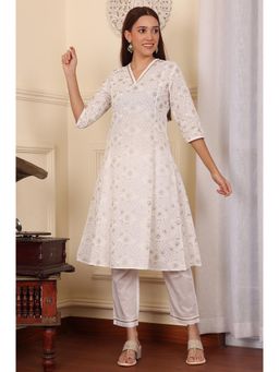 W - Printed Embroidered Pure Cotton Kurta with Pant (Set of 2)