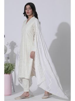 WISHFUL by W - White Pure Cotton Sequined and Embroidered Kurta with Pant and Dupatta (Set of 3)