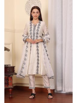 WISHFUL by W - White Mock Panelled Embroidered Flared Kurta with Pant and Dupatta (Set of 3)