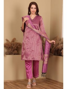 W - Purple Chanderi Lurex Stripe Embroidered Kurta with Pant and Dupatta (Set of 3)