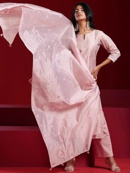 Libas Art - Pink Floral Embroidered Straight Kurta with Trouser & Dupatta (Set of 3)