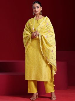 Libas Art - Yellow Floral Embroidered Kurta with Lining and Trouser & Dupatta (Set of 4)