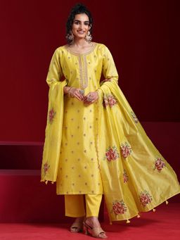 Libas Art - Yellow Floral Embroidered Straight Kurta with Trouser & Dupatta (Set of 3)