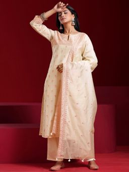 Libas Art - Off White Floral Embroidered Straight Kurta with Trouser & Dupatta (Set of 3)