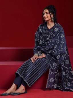 Libas Art - Blue Striped Embroidered Straight Kurta with Trouser & Dupatta (Set of 3)