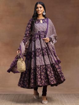 Libas - Purple Floral Printed Panelled A-Line Kurta with Churidar & Dupatta (Set of 3)