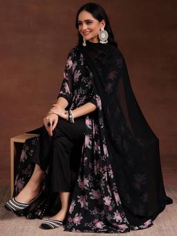 Libas - Black Poly Chiffon Printed Kurta Sets for Women