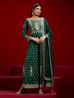 Libas - Bottle Green Pure Silk Embroidered Kurta with Palazzo & Dupatta (Set of 3)