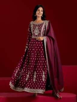 Libas Art - Wine Pure Silk Embroidered A-Line Kurta with Trouser & Dupatta (Set of 3)