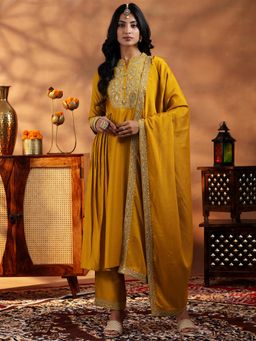 Libas - Mustard Floral Zari Embroidered Yoke A-Line Kurta with Palazzo & Dupatta (Set of 3)