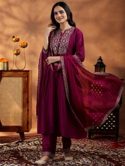 Libas - Maroon Floral Zari Embroidered Yoke A-Line Kurta with Palazzo & Dupatta (Set of 3)
