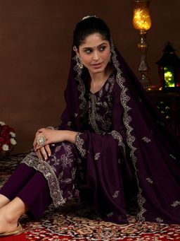 Libas - Wine Floral Zari All Over Embroidered Kurta with Trouser & Dupatta (Set of 3)