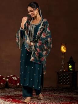 Libas - Teal Ethnic Motif Zari Embroidered Straight Kurta with Trouser & Dupatta (Set of 3)