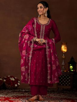 Libas - Red Ethnic Motif Zari Embroidered Straight Kurta with Trouser & Dupatta (Set of 3)
