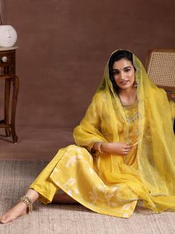 Libas - Mustard Organza Printed Kurta Sets for Women