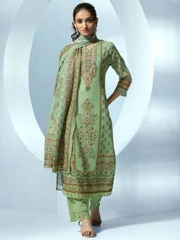 Libas - Green Linen Printed Kurta Sets for Women
