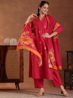 Libas - Pink Pure Cotton Embroidered Kurta Sets for Women
