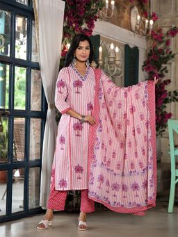 Benaaz - Pink Printed and Katha Work Cotton Straight V- Neck Kurta & Pant with Dupatta (Set of 3)