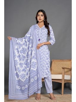 Benaaz - Blue Printed and Katha Work Cotton Straight Kurta & Pant with Dupatta (Set of 3)