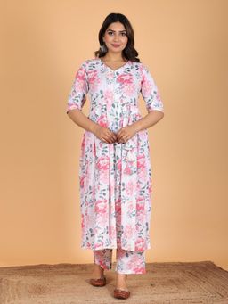 ARAMYA - Lurex Cotton A-Line Floral Print Kurta with Pant for Women (Set of 2)