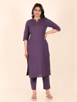 ARAMYA - Linen Cotton Straight Solid Kurta with Pant for Women (Set of 2)