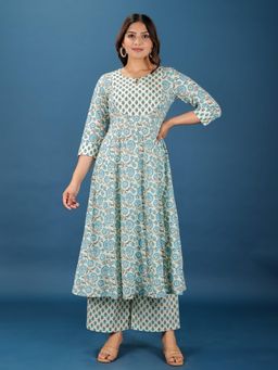 ARAMYA - Soft Cotton Anarkali Floral Print Kurta with Palazzo for Women (Set of 2)