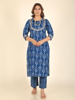 ARAMYA - Soft Cotton Straight Ikat Print Kurta with Pant for Women (Set of 2)