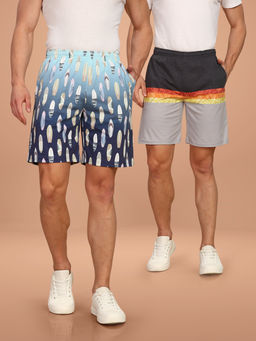 BULLMER - Blue and Grey Regular Fit Cotton Blend Summer Shorts- Pack of 2
