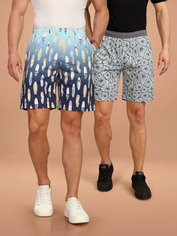 BULLMER - Blue and Grey Regular Fit Cotton Blend Summer Shorts- Pack of 2