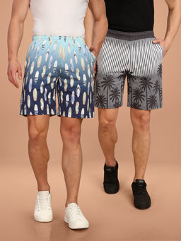 BULLMER - Blue and Grey Regular Fit Cotton Blend Summer Shorts- Pack of 2