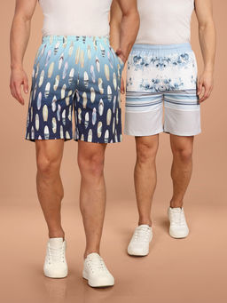 BULLMER - Blue and White Regular Fit Cotton Blend Summer Shorts- Pack of 2