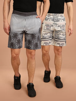 BULLMER - Grey and Beige Regular Fit Cotton Blend Summer Shorts- Pack of 2