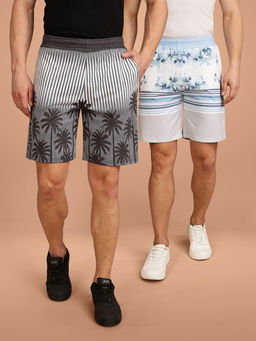 BULLMER - Grey and White Regular Fit Cotton Blend Summer Shorts- Pack of 2