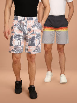 BULLMER - Peach and Grey Regular Fit Cotton Blend Summer Shorts- Pack of 2